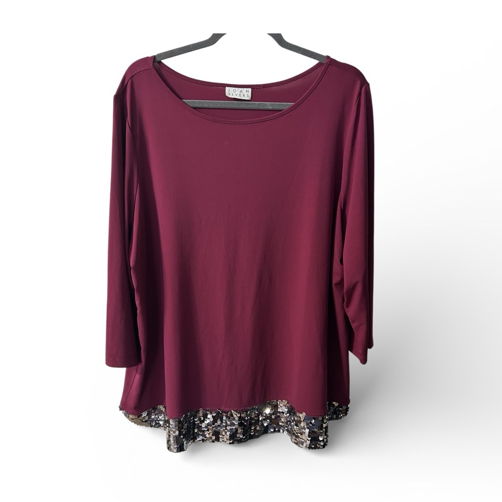 JOAN RIVERS Women’s Burgundy Sequin Hem Long Sleeve Top